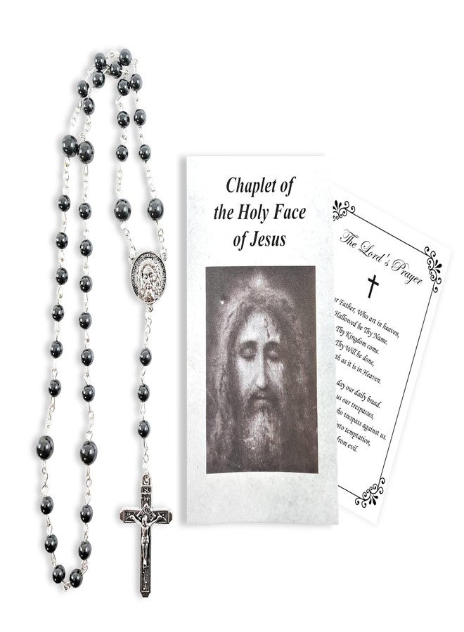 Trendzeen Chaplet of The Holy Face of Jesus - The Lord's Prayer Card - Black Hematite Holy Face Chaplet Rosary Beads - Holy Face Medal Rosary with Guide - Coronilla de la Santa Faz de Jesus - 2 Items Total - Image 1